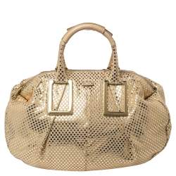 Pre Owned Chloe Metallic Gold/Beige Checkered Leather Ethel Satchel