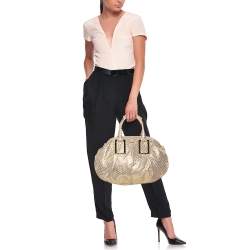 Pre Owned Chloe Metallic Gold/Beige Checkered Leather Ethel Satchel