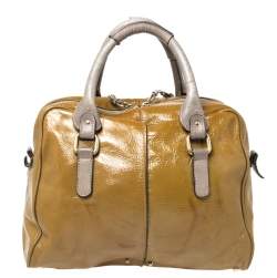 Pre Owned Chloe Olive Green/Grey Patent And Leather Double Pocket Paddington Satchel