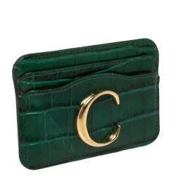 Pre Owned Chloe Green Croc Embossed Leather 'C' Card Holder