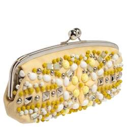 Pre Owned Chloe Cream Canvas Studded Kisslock Clutch