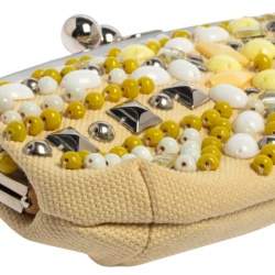 Pre Owned Chloe Cream Canvas Studded Kisslock Clutch