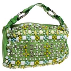 Pre Owned Chloe Green Canvas and Leather Beaded Hobo