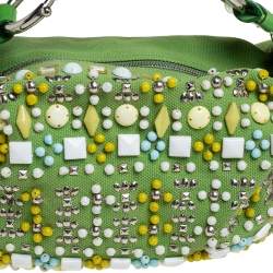 Pre Owned Chloe Green Canvas and Leather Beaded Hobo
