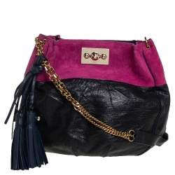 Pre Owned Chloe Black/Magenta Leather and Suede Tassel Chain Hobo