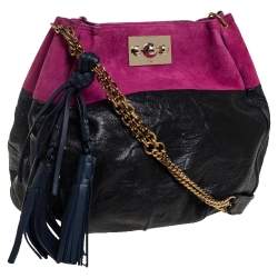Pre Owned Chloe Black/Magenta Leather and Suede Tassel Chain Hobo