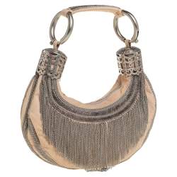 Pre Owned Chloe Cream Canvas Metal Fringed Crescent Hobo