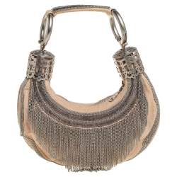 Pre Owned Chloe Cream Canvas Metal Fringed Crescent Hobo