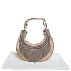 Pre Owned Chloe Cream Canvas Metal Fringed Crescent Hobo