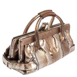 Pre Owned Chloe Metallic Beige/Grey Snakeskin Kisslock Frame Satchel