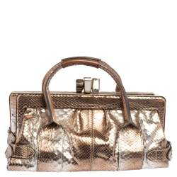 Pre Owned Chloe Metallic Beige/Grey Snakeskin Kisslock Frame Satchel