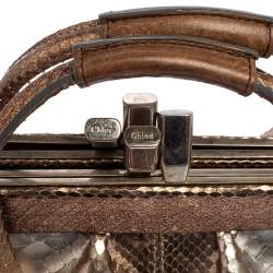 Pre Owned Chloe Metallic Beige/Grey Snakeskin Kisslock Frame Satchel