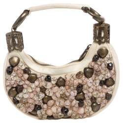 Pre Owned Chloé White Fabric Small Pebbles Stone Embellished Hobo