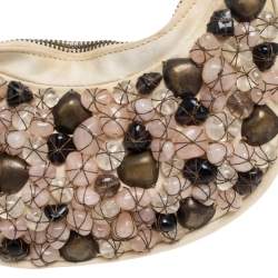 Pre Owned Chloé White Fabric Small Pebbles Stone Embellished Hobo