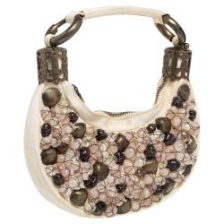 Pre Owned Chloé White Fabric Small Pebbles Stone Embellished Hobo