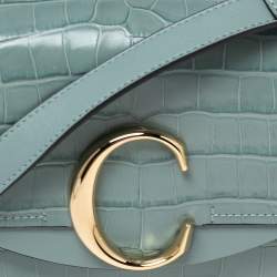 Pre Owned Chloe Blue Croc Embossed Leather Mini C Top Handle Bag
