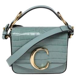 Pre Owned Chloe Blue Croc Embossed Leather Mini C Top Handle Bag