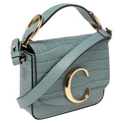 Pre Owned Chloe Blue Croc Embossed Leather Mini C Top Handle Bag