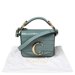 Pre Owned Chloe Blue Croc Embossed Leather Mini C Top Handle Bag