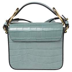 Pre Owned Chloe Blue Croc Embossed Leather Mini C Top Handle Bag