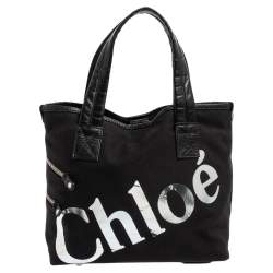 Chloe Black/Silver Canvas and Leather Logo Printed Tote
