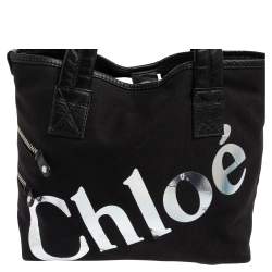 Chloe Black/Silver Canvas and Leather Logo Printed Tote