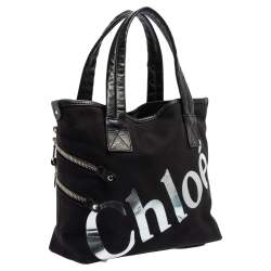 Chloe Black/Silver Canvas and Leather Logo Printed Tote