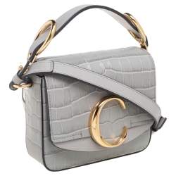 Pre Owned Chloe Grey Croc Embossed Leather Mini C Top Handle Bag