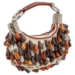 Pre Owned Chloe Beige/Tan Canvas and Leather Embellished Crescent Hobo