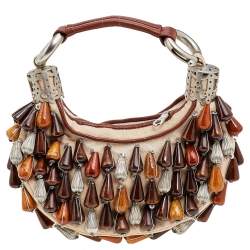 Pre Owned Chloe Beige/Tan Canvas and Leather Embellished Crescent Hobo