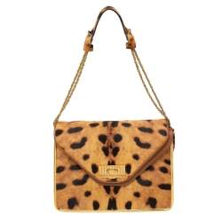 Pre Owned Chloe Brown/Beige Leopard Print Pony Hair And Leather Medium Sally Shoulder Bag