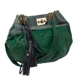 Pre Owned Chloe Green Crinkled Leather and Suede Tassel Chain Hobo 