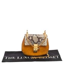 Pre Owned Chloe Mustard/Brown Suede and Python Small Drew Shoulder Bag
