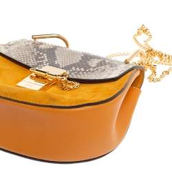 Pre Owned Chloe Mustard/Brown Suede and Python Small Drew Shoulder Bag