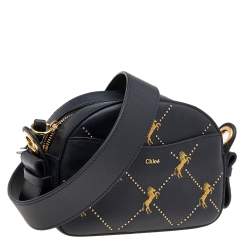 Pre Owned Chloe Black Leather Embroidered Horses Crossbody Bag