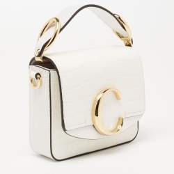 Pre Owned Chloe Off White Croc Embossed Leather Mini C Top Handle Bag