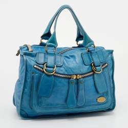 Pre Owned حقيبة ساتشل كلوي باي جلد أزرق كبيرة