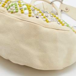 Chloe Cream Canvas and Leather Crystal Embellished Crescent Hobo