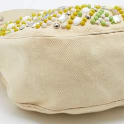 Chloe Cream Canvas and Leather Crystal Embellished Crescent Hobo