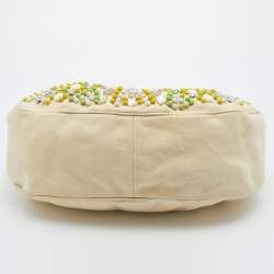 Chloe Cream Canvas and Leather Crystal Embellished Crescent Hobo