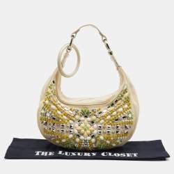 Chloe Cream Canvas and Leather Crystal Embellished Crescent Hobo