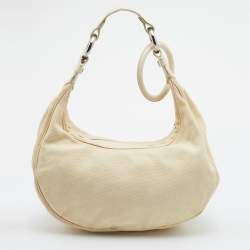 Chloe Cream Canvas and Leather Crystal Embellished Crescent Hobo
