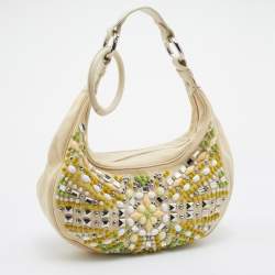 Chloe Cream Canvas and Leather Crystal Embellished Crescent Hobo