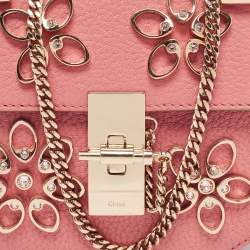 Pre Owned Chloe Pink Leather Nano Flowers Crystal Embellished Drew Shoulder Bag
