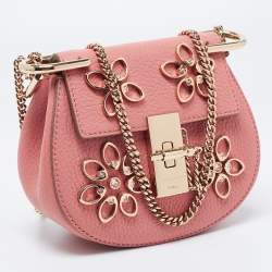 Pre Owned Chloe Pink Leather Nano Flowers Crystal Embellished Drew Shoulder Bag