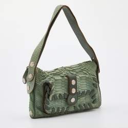 Pre Owned Chloe Green Python Leather Metal Studded Baguette