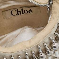 Chloe Off White Canvas Beaded Embellished Crescent Hobo