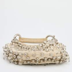 Chloe Off White Canvas Beaded Embellished Crescent Hobo