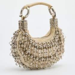 Chloe Off White Canvas Beaded Embellished Crescent Hobo