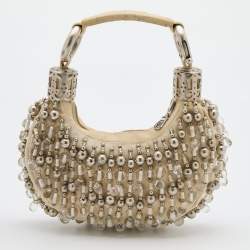 Chloe Off White Canvas Beaded Embellished Crescent Hobo